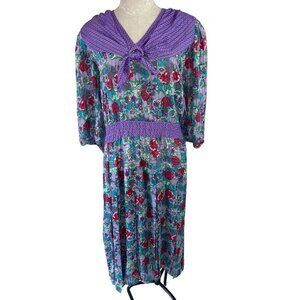 Diane Freis Vintage Womens Dress Size Medium Purple Floral Midi Elastic Waist